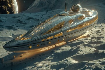 Poster - a large spaceship is floating in space with a planet in the background