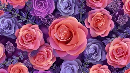 Canvas Print - Roses in various shades blend beautifully with sprigs of lavender, creating a colorful pattern that enhances the garden's charm. Generative AI