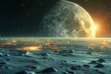 Wall Mural - a large moon is in the sky above a city