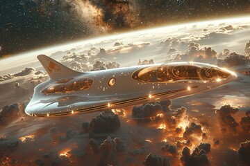 Poster - A spaceship is flying through the sky with a bright orange sun in the background