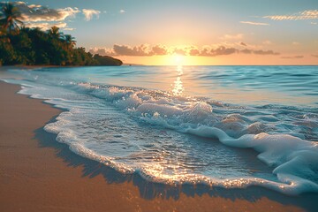 Wall Mural - The ocean is calm and the sun is setting, creating a beautiful