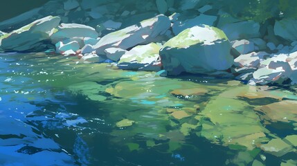 digital art of water river shallow rock green water illustration anime style