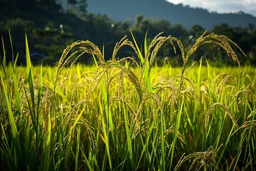 rice field in the morning with sunlight, close up