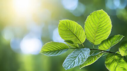 Wall Mural - Fresh Green Leaves Branch with Bokeh Background   Nature  Growth  Tranquility  Renewal