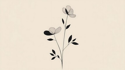 Poster - Minimalist Line Art of a Single Flower Stem with Leaves