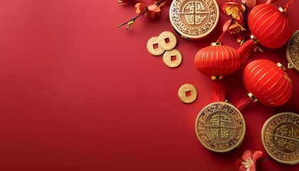 Wall Mural - Vibrant Chinese New Year banner featuring red and gold decorations with traditional lanterns and coins. Generative AI