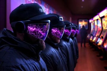 Poster - Futuristic depiction of a 1980s arcade where players wear VR headsets, interacting with holographic games that reimagine yesterdayâ€™s culture through advanced technology