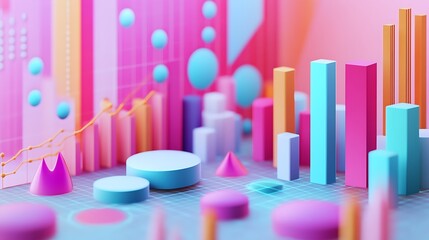 Poster - Abstract 3D Geometric Shapes with Pastel Colors and Line Graphs