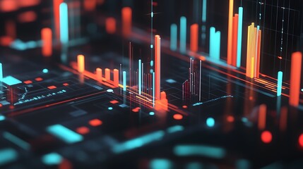 Poster - Abstract digital landscape with glowing lines and bars