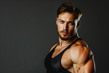 Wall Mural - Muscular man with a sharp gaze and a determined posture, solid color background emphasizing his blend of strength and mental sharpness, ideal for gym advertising
