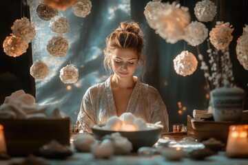 Wall Mural - High-resolution brightly lit photorealistic candid photograph of a beautiful presenter woman in a spa, surrounded by calming spa decorations, radiating peace and relaxation in a tranquil setting. The