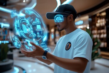 Poster - Futuristic scene of a shopper using holographic displays to browse items in a digital shopping spree, with virtual products floating around them in a sleek, modern mall