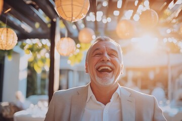 High-resolution brightly lit photorealistic candid photograph of a senior businessman exuding happiness, styled in a high-end lifestyle magazine. The bright and cheerful ambiance enhances his joyful