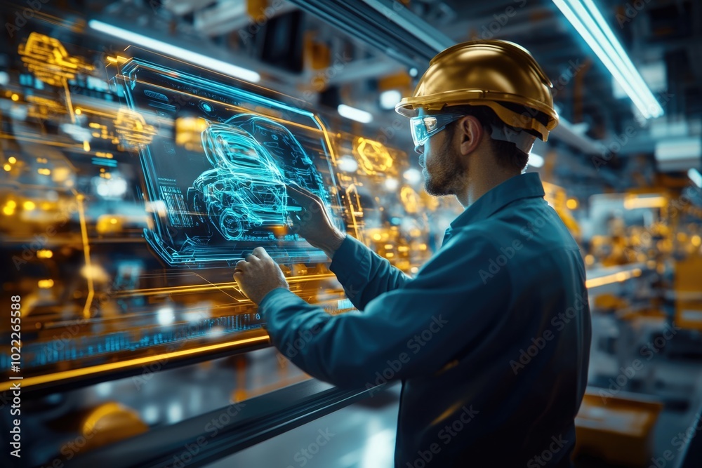 Very realistic and photographic photo of an engineer focused on a ...