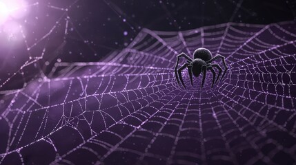 Canvas Print - Black Spider on Purple Web with Dew Drops   Halloween Decoration