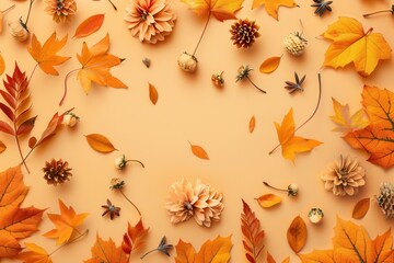 Poster - Colorful autumn leaves and delicate flowers in warm hues spread across a surface, celebrating the beauty of the fall season. Generative AI