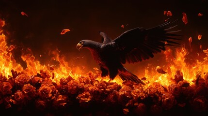 Poster - Eagle soaring through flames, showcasing power and intensity in a dramatic scene.