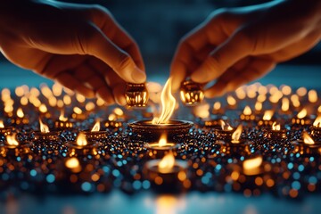 Poster - Hyper-realistic close-up of hands lighting small oil lamps in a beautifully arranged pattern, capturing the intricate details of the flame and the reflective surfaces