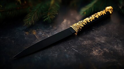 Elegant knife with intricate golden handle on a dark textured background.