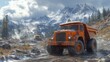 © julio - An orange dump truck on a rugged mountain road with snow.