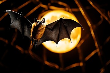 Aufkleber - Minimalist abstract of a dark bat flying against a crescent moon, representing the classic Halloween atmosphere in a simple form