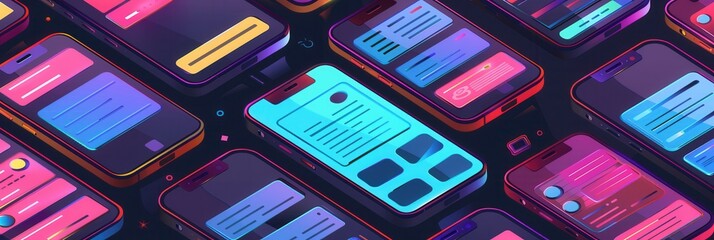 Leinwandbilder - Multiple smartphones are illuminated by brightly colored screens showing engaging stories and short videos, reflecting digital trends. Generative AI