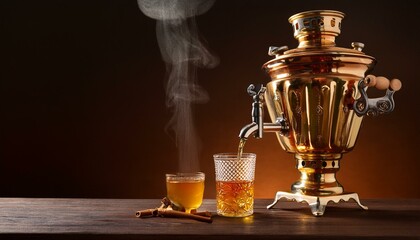 A traditional Russian samovar pouring hot tea into a small glass, with a spoonful of honey b