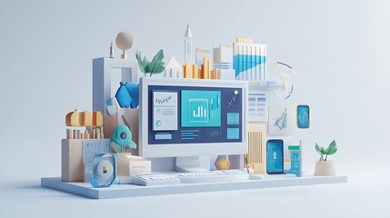 Poster - Stylized 3D Render of a Modern Office Workspace with Geometric Elements
