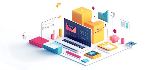 Poster - Isometric Illustration of a Laptop with Data Visualization Elements
