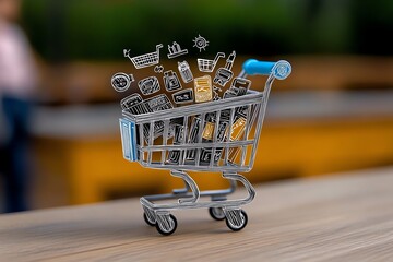 Aufkleber - Minimalist design of a shopping cart overflowing with simple line-drawn items, symbolizing the excitement of a shopping spree