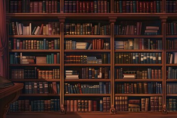 Aufkleber - Rows of wooden shelves are filled with various textbooks and academic literature, creating a scholarly atmosphere in the room. Generative AI