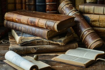 Poster - A collection of ancient books and scrolls rests on a wooden table, highlighting their historical significance and timeless stories. Generative AI