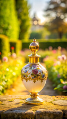 precious porcelain and golden perfume flacon , french castle garden , bokeh and sunlight background