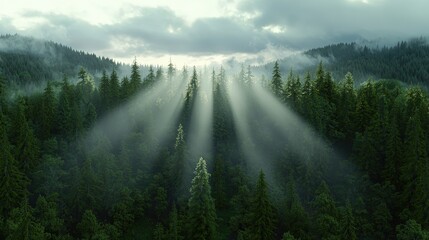 Poster - Sunlight Beams Through Misty Forest   Nature Background