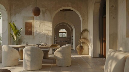 Sophisticated Minimalist Interior: Boucle Chairs Gathered Around Dining Table in a Room with Stucco Walls and an Elegant Archway