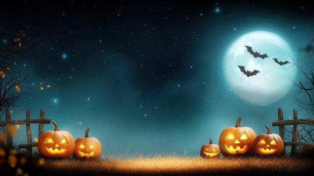 A Halloween postcard-style vintage background with classic typography, jack-o'-lanterns, and a full moon casting a spooky light.
