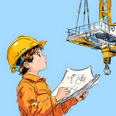 a kid engineer constructing a building, cartoon style,