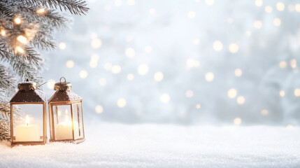 a serene winter scene featuring two lanterns glowing softly in snow, surrounded by frosty landscape 