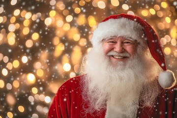 Wall Mural - Cheerful Santa Claus smiling joyfully, surrounded by festive lights and gentle snowfall during the holiday season