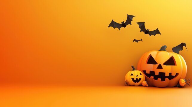 A retro-style Halloween background with bold, vintage typography, old-school jack-o'-lanterns, and bats flying against an orange backdrop.