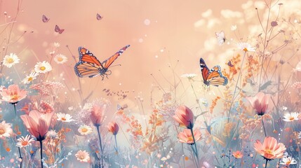 Aufkleber - Butterflies dance gracefully around a variety of blooming wildflowers under a soft, warm afternoon glow in the meadow. Generative AI