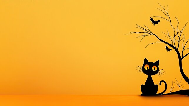 Minimalist Halloween scene with a spooky black cat silhouette sitting on a plain orange background, evoking a simple, eerie atmosphere