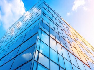 A modern glass building reflecting the sky, showcasing contemporary architecture and design under bright sunlight.