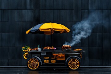 Poster - Simple minimalist abstract of a street vendor's cart, with soft lines representing the food and smoke rising from a grill