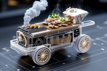 Poster - Simple minimalist abstract of a street vendor's cart, with soft lines representing the food and smoke rising from a grill