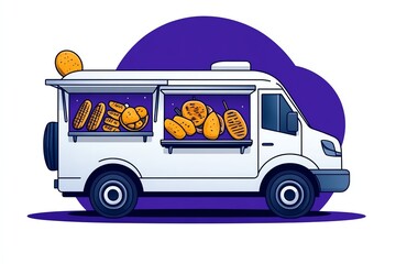 Poster - Simple minimalist icon of a food truck with abstract shapes representing grilled foods and street snacks, highlighting the street food culture