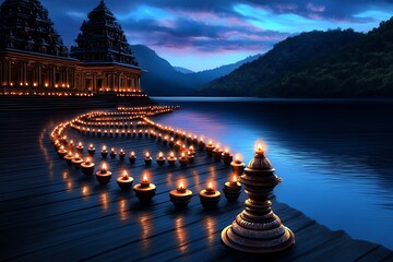 Poster - Watercolor depiction of a temple illuminated by hundreds of oil lamps, with gentle washes of light creating a serene, spiritual atmosphere for the Festival of Lights