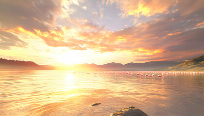 Wall Mural - A flock of pink flamingos stand in a calm lake at sunset with a golden sky and mountains in the background.