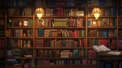 Poster - Wooden shelves are densely packed with various textbooks and academic literature, illuminated by warm lamps, creating a cozy study space. Generative AI