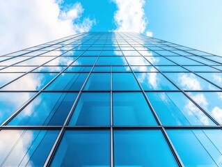 A striking view of a modern glass building reflecting a bright blue sky with scattered clouds, showcasing contemporary architecture.